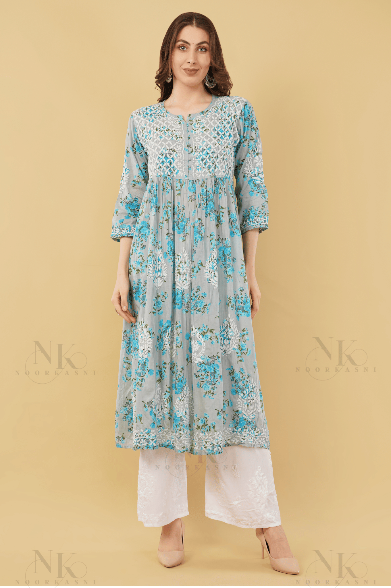 Noorkasni Hand Embroidered Aline printed cotton mulmul Kurti - NoorKasni Collections