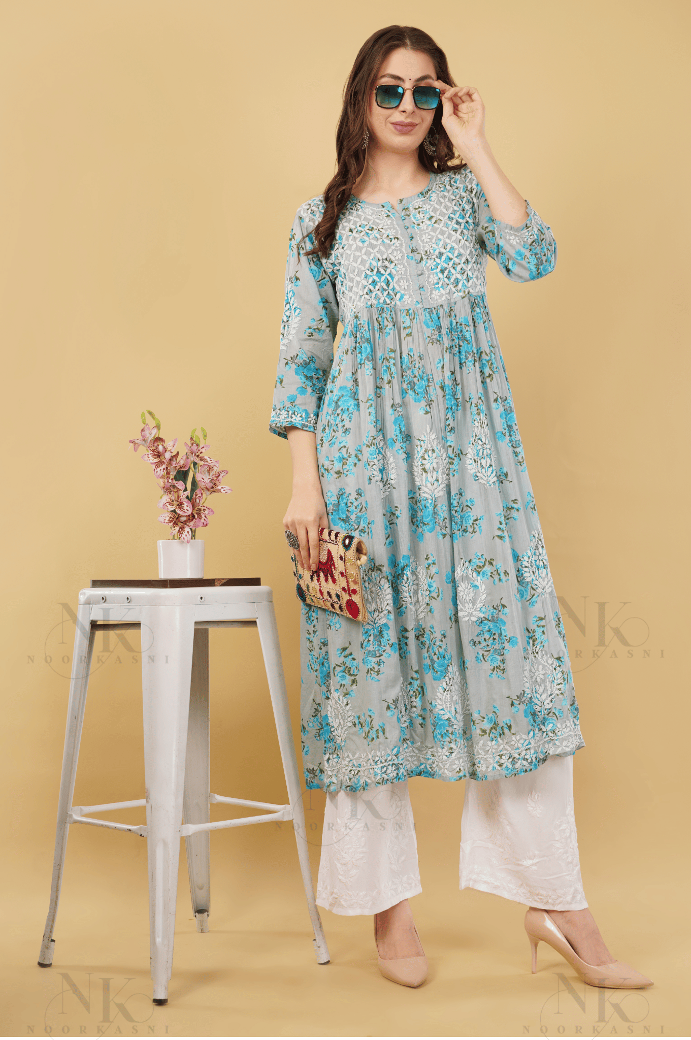 Noorkasni Hand Embroidered Aline printed cotton mulmul Kurti - NoorKasni Collections