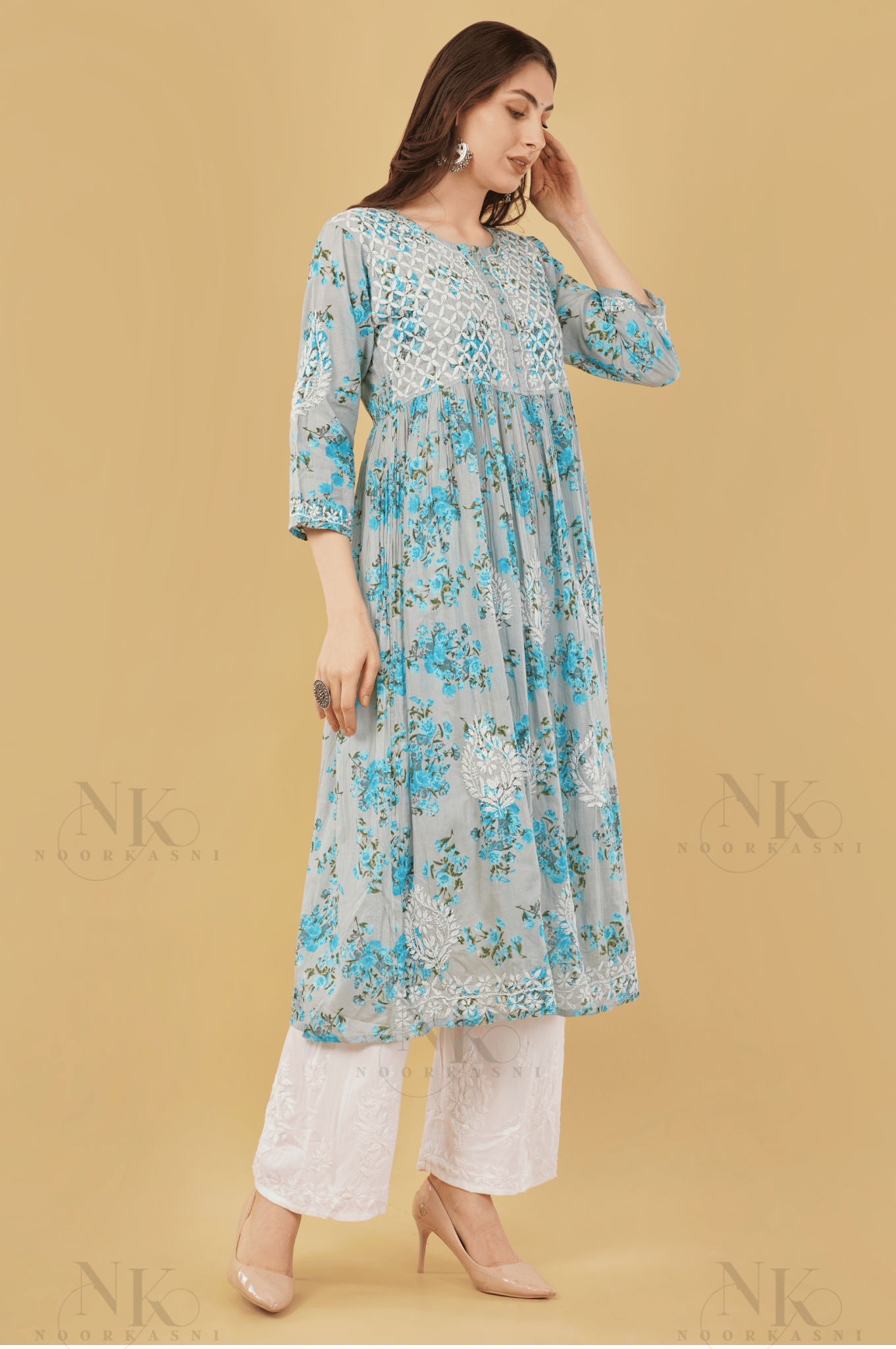 Noorkasni Hand Embroidered Aline printed cotton mulmul Kurti - NoorKasni Collections