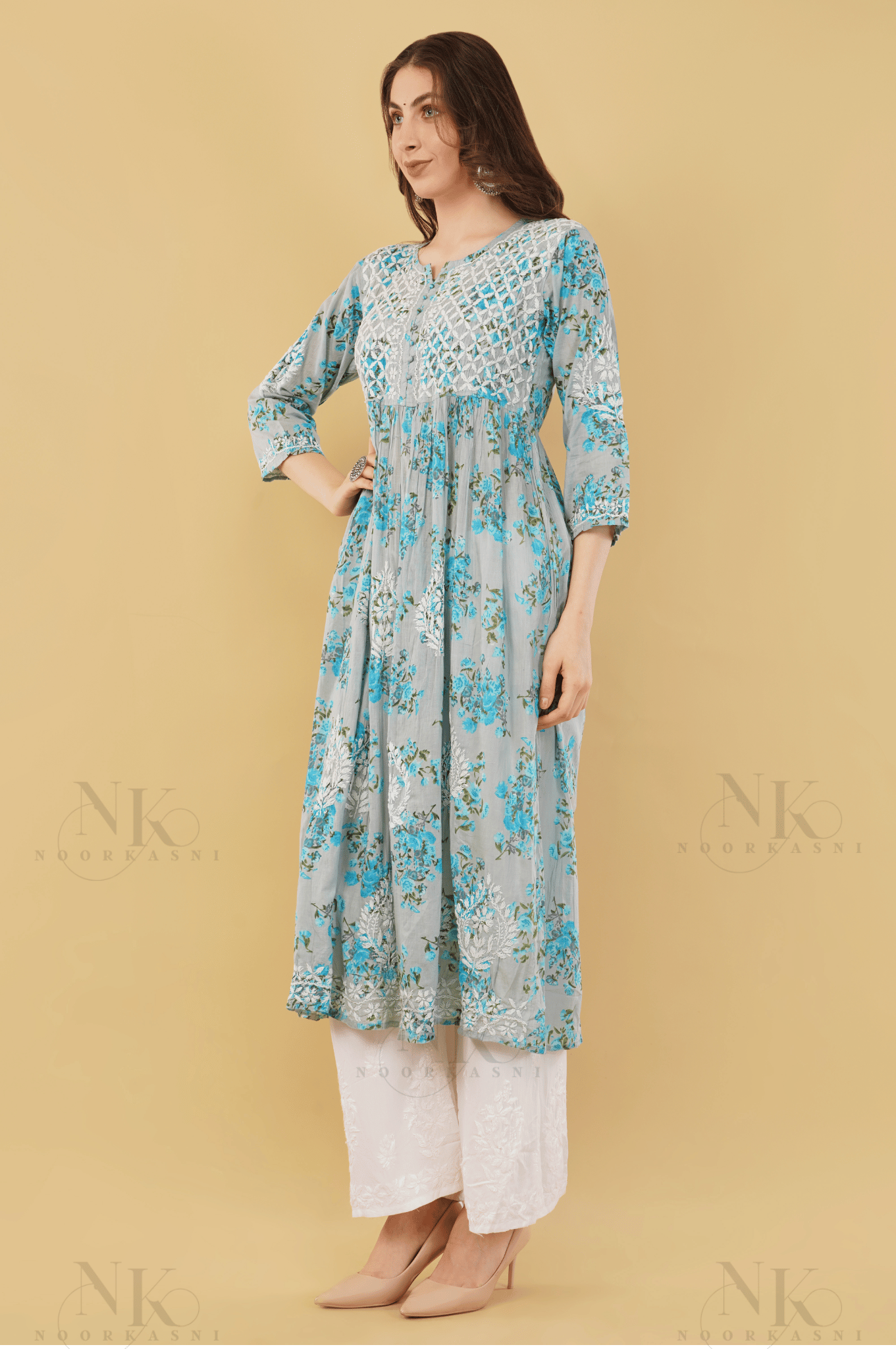 Noorkasni Hand Embroidered Aline printed cotton mulmul Kurti - NoorKasni Collections