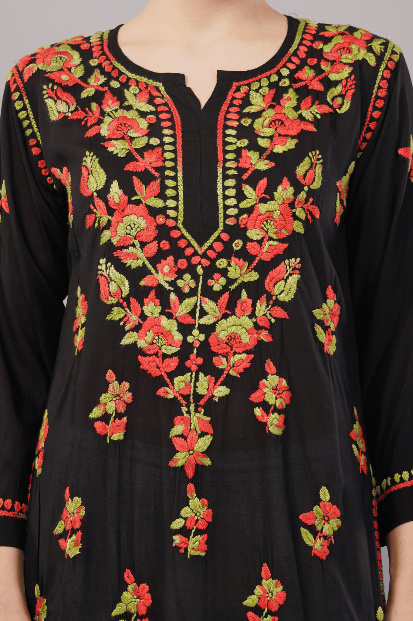 Noorkasni Modal Black Kurti with Multi Color Hand Embroidery - NoorKasni Collections