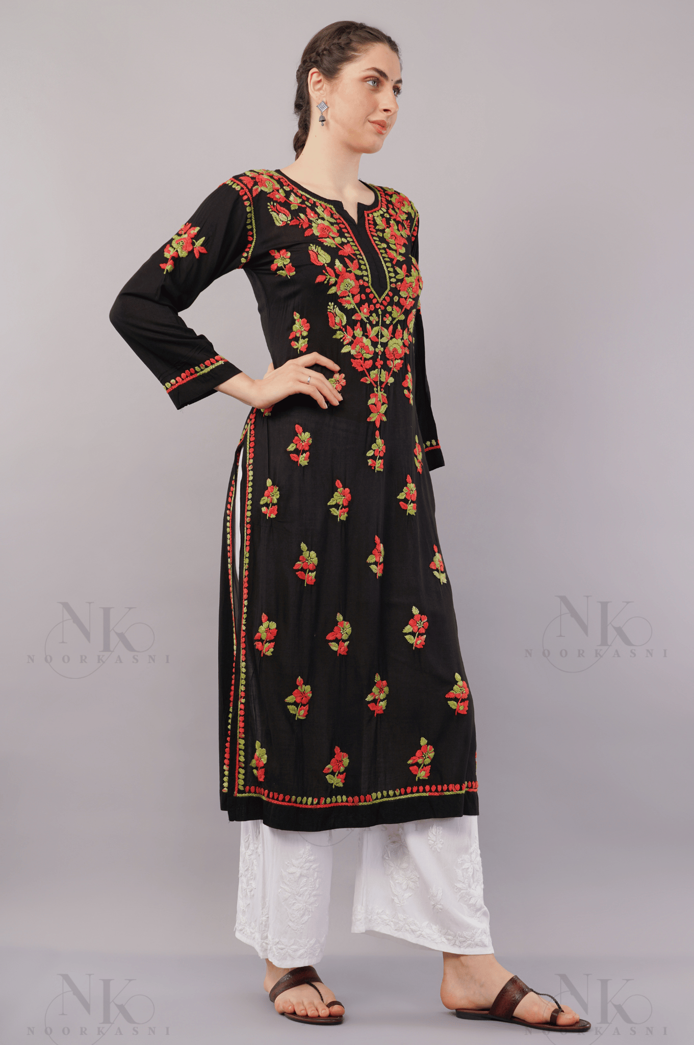 Noorkasni Modal Black Kurti with Multi Color Hand Embroidery - NoorKasni Collections