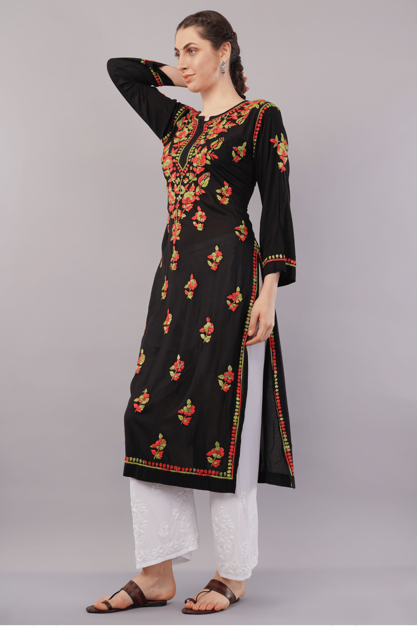 Noorkasni Modal Black Kurti with Multi Color Hand Embroidery - NoorKasni Collections