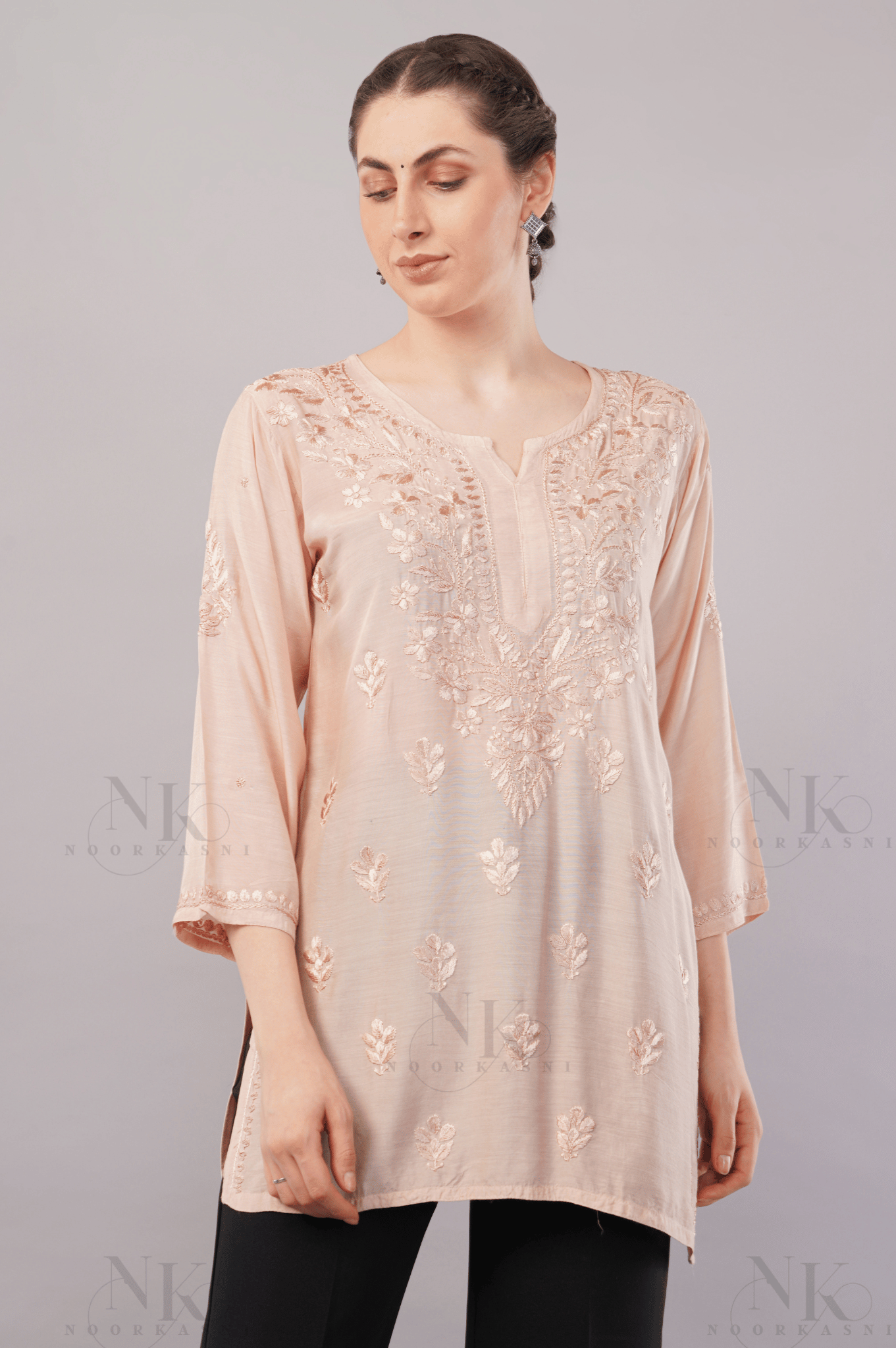 Noorkasni Hand Embroidered short Muslin Kurti - NoorKasni Collections