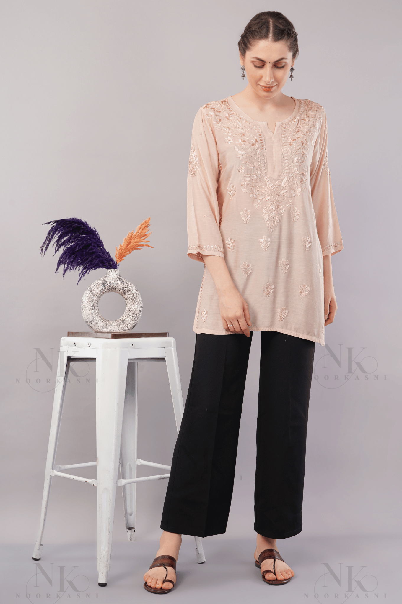 Noorkasni Hand Embroidered short Muslin Kurti - NoorKasni Collections