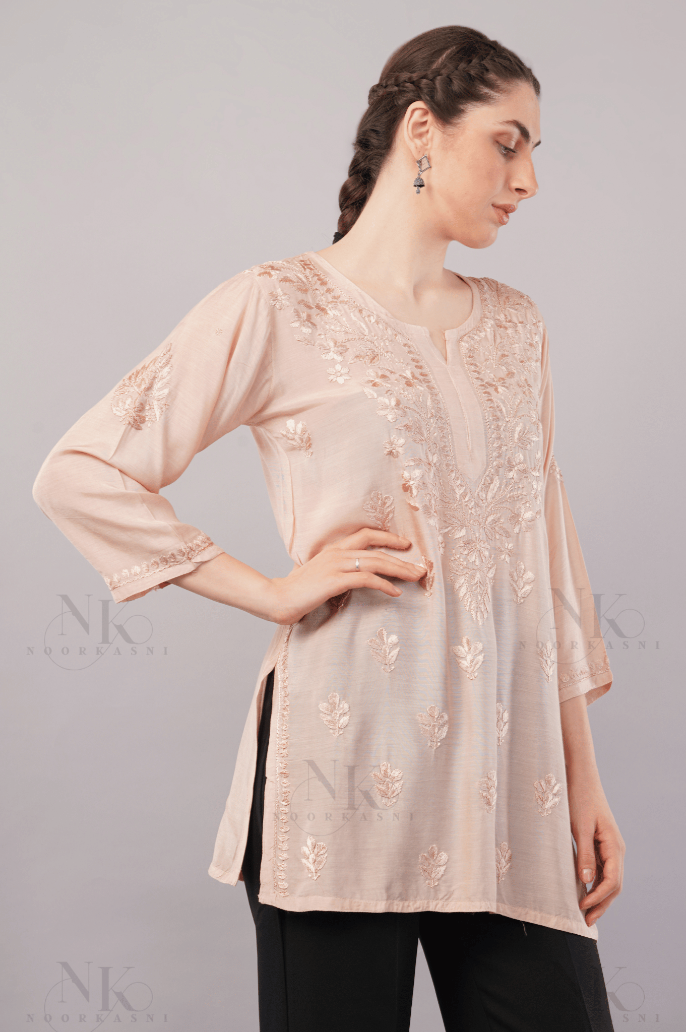 Noorkasni Hand Embroidered short Muslin Kurti - NoorKasni Collections