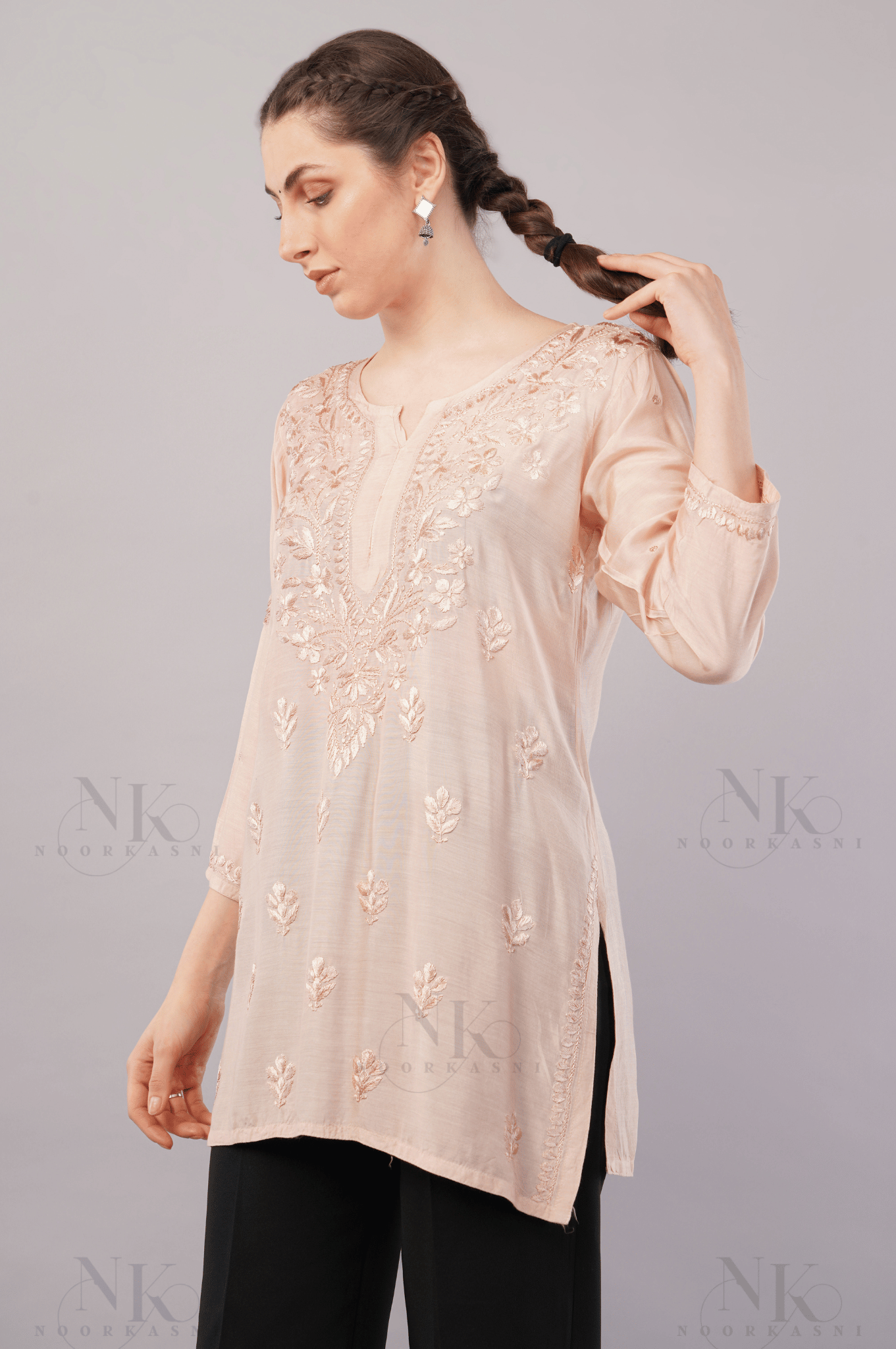 Noorkasni Hand Embroidered short Muslin Kurti - NoorKasni Collections