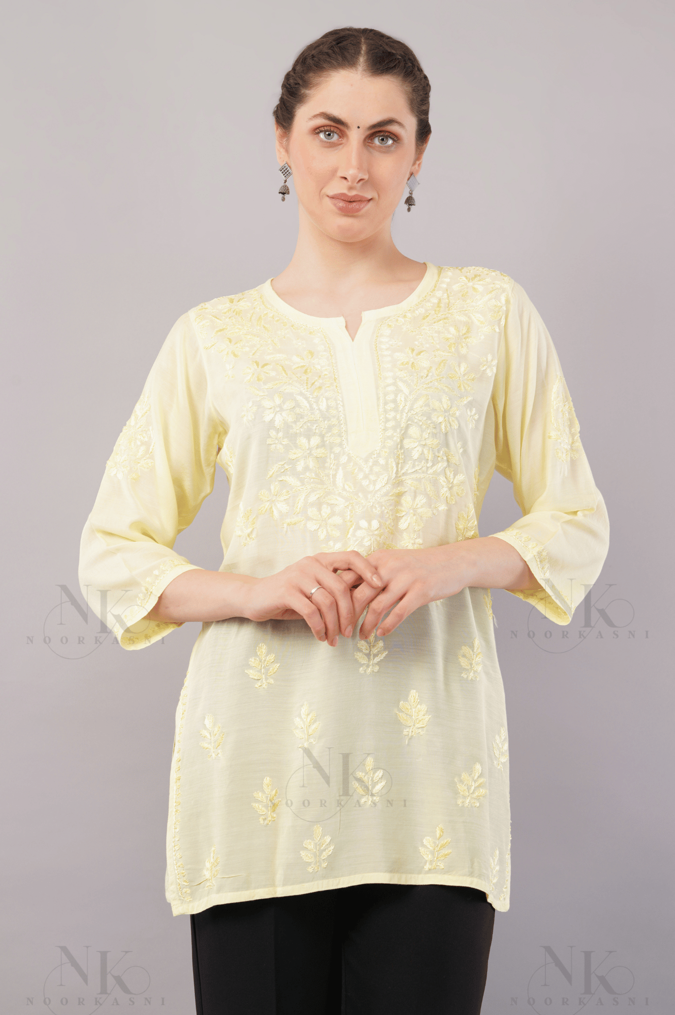 Noorkasni Hand Embroidered short Muslin Kurti - NoorKasni Collections