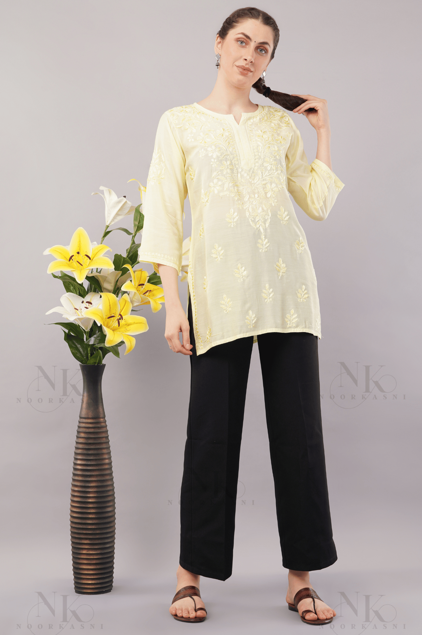 Noorkasni Hand Embroidered short Muslin Kurti - NoorKasni Collections