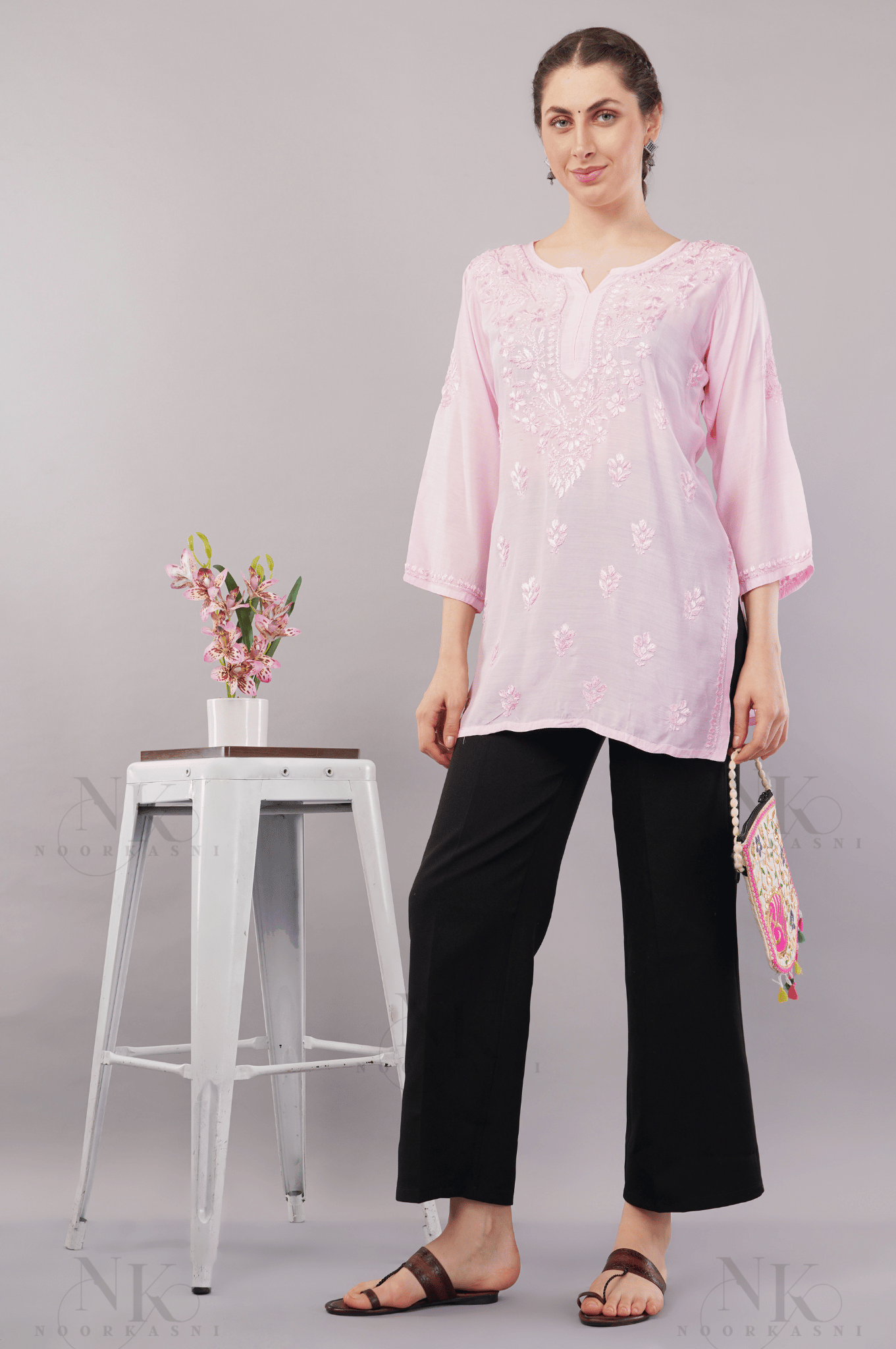 Noorkasni Hand Embroidered short Muslin Kurti - NoorKasni Collections