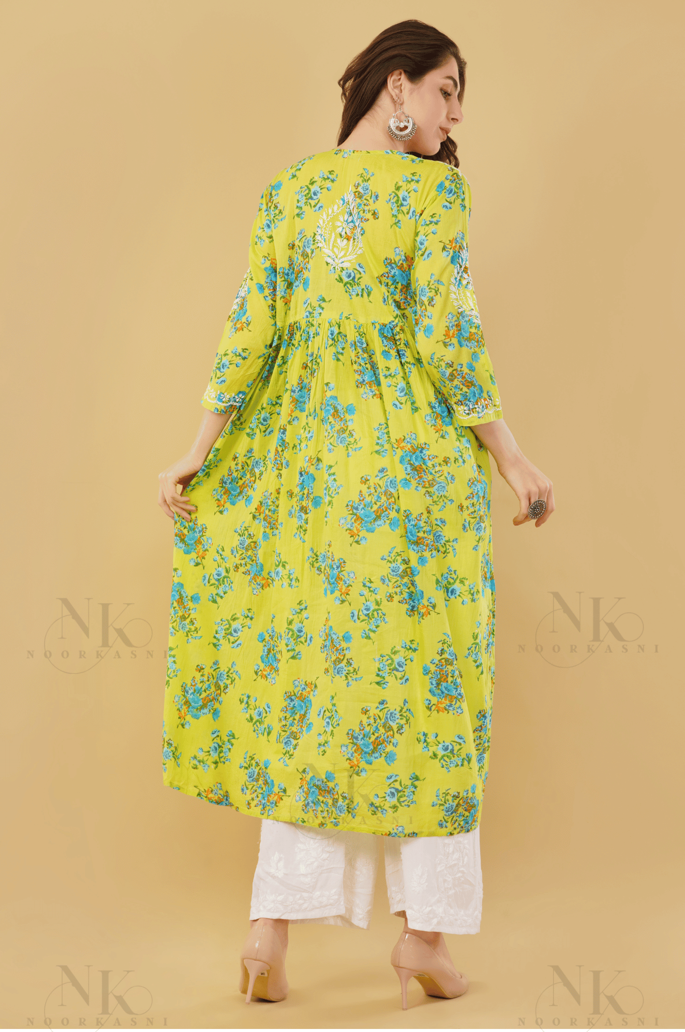 Noorkasni Hand Embroidered Aline printed cotton mulmul Kurti - NoorKasni Collections