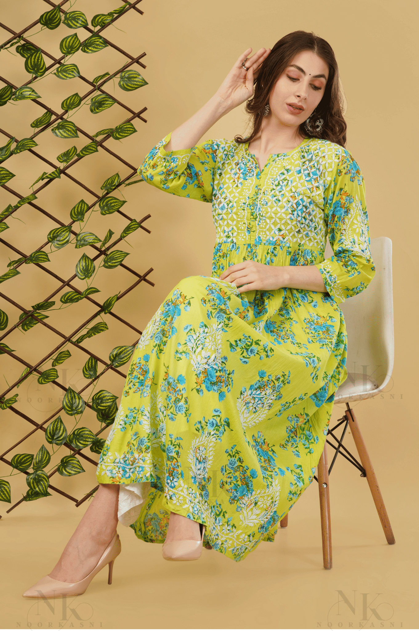 Noorkasni Hand Embroidered Aline printed cotton mulmul Kurti - NoorKasni Collections