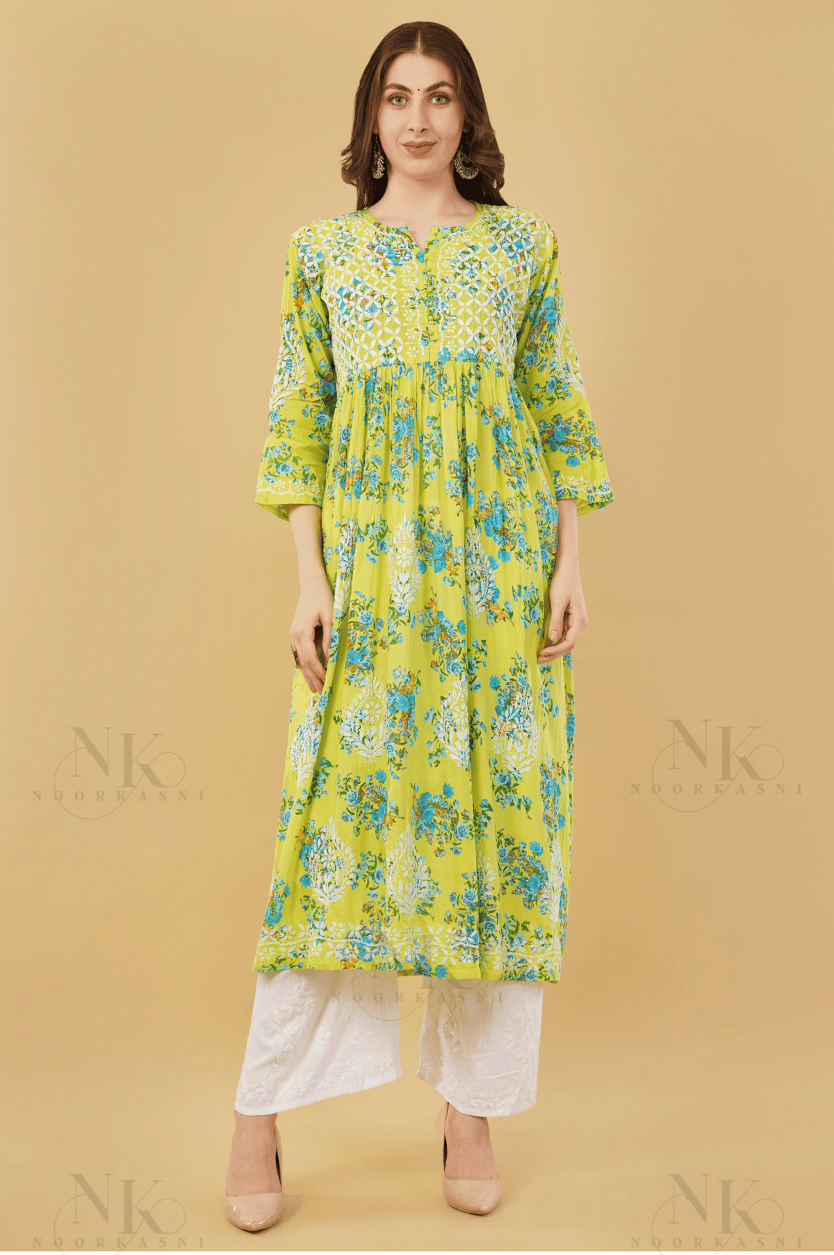 Noorkasni Hand Embroidered Aline printed cotton mulmul Kurti - NoorKasni Collections