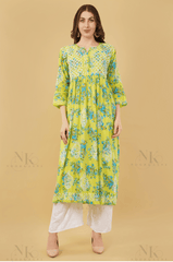 Noorkasni Hand Embroidered Aline printed cotton mulmul Kurti - NoorKasni Collections