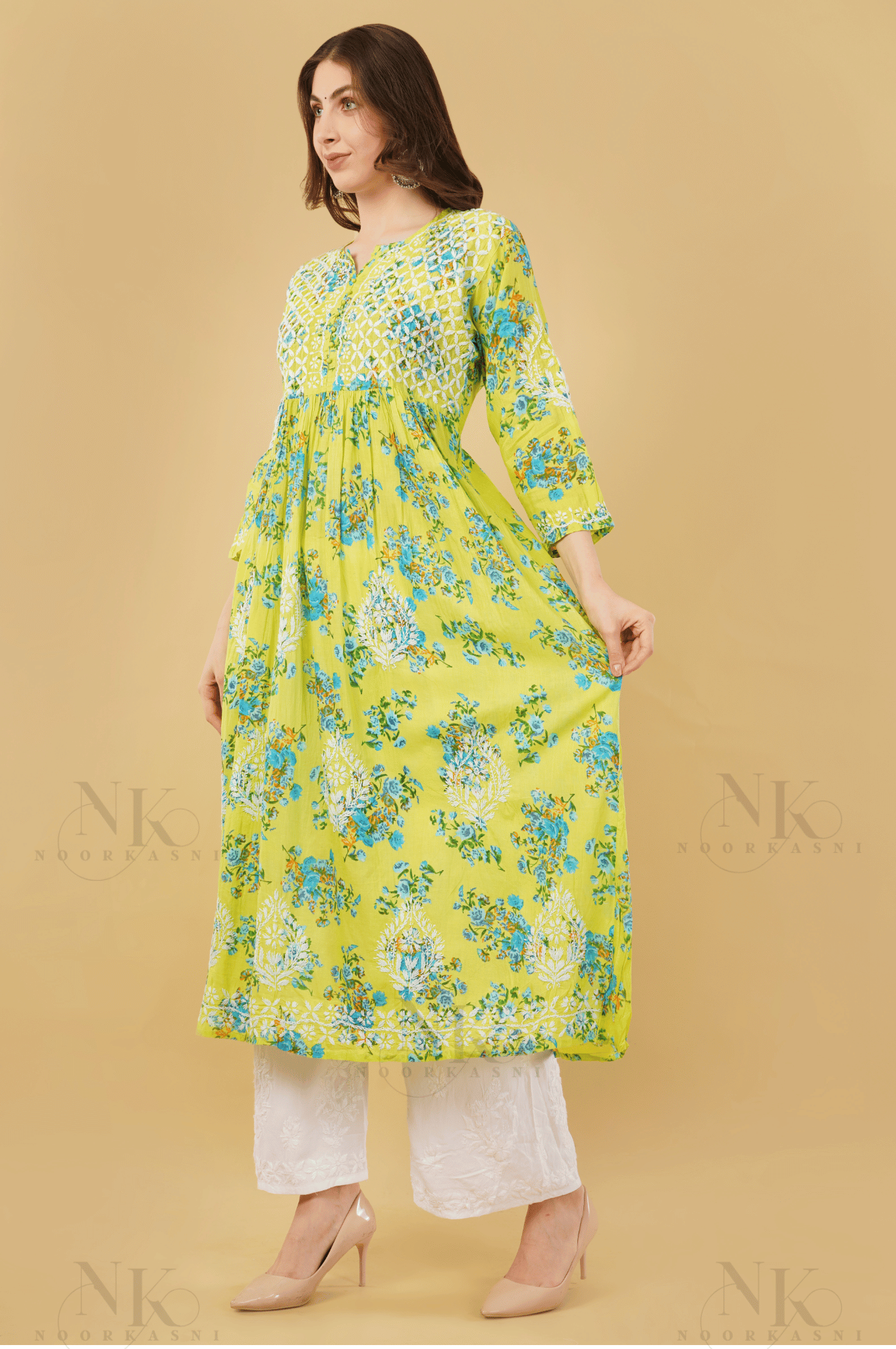 Noorkasni Hand Embroidered Aline printed cotton mulmul Kurti - NoorKasni Collections