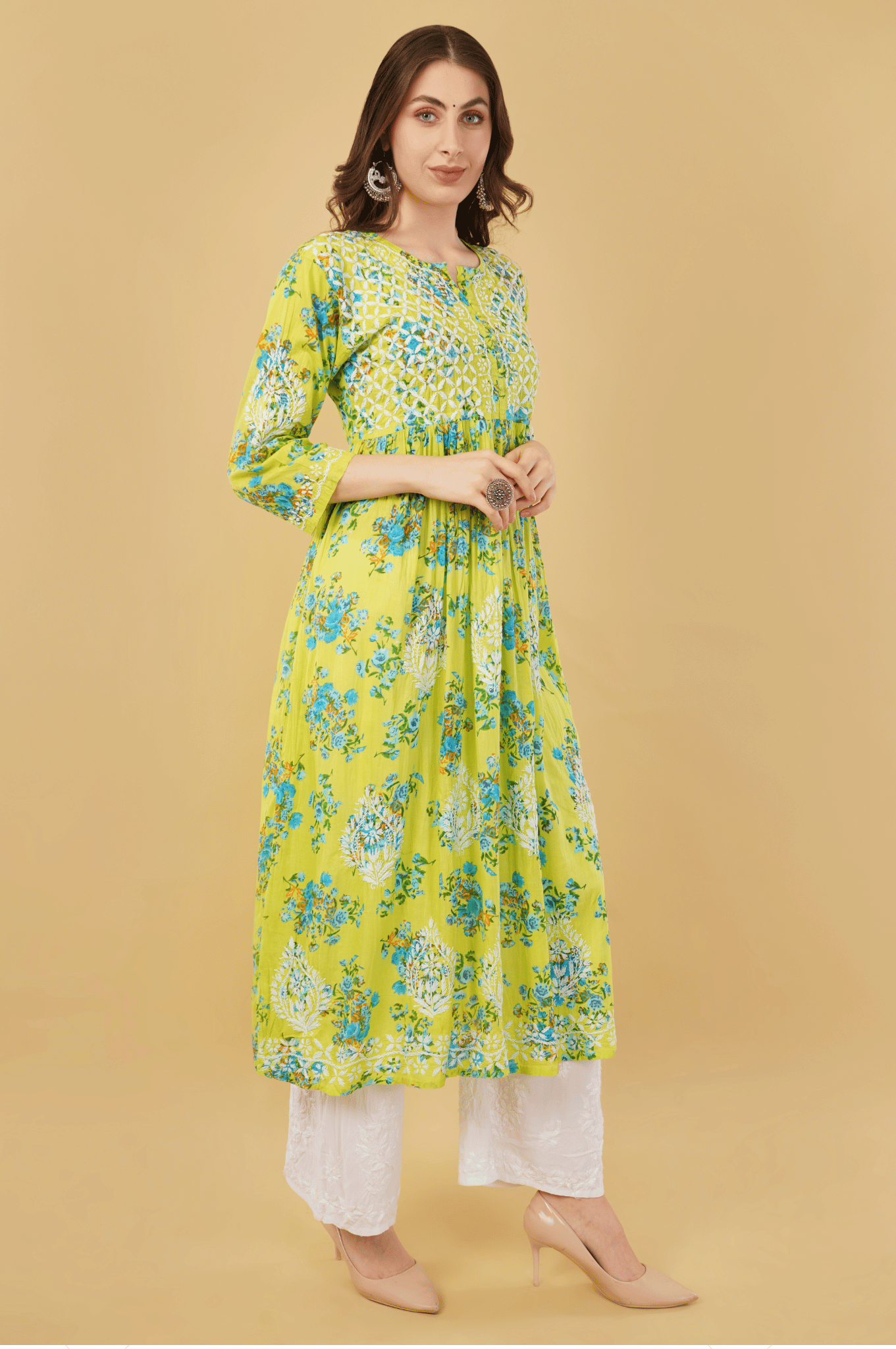 Noorkasni Hand Embroidered Aline printed cotton mulmul Kurti - NoorKasni Collections