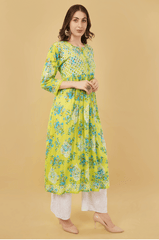 Noorkasni Hand Embroidered Aline printed cotton mulmul Kurti - NoorKasni Collections