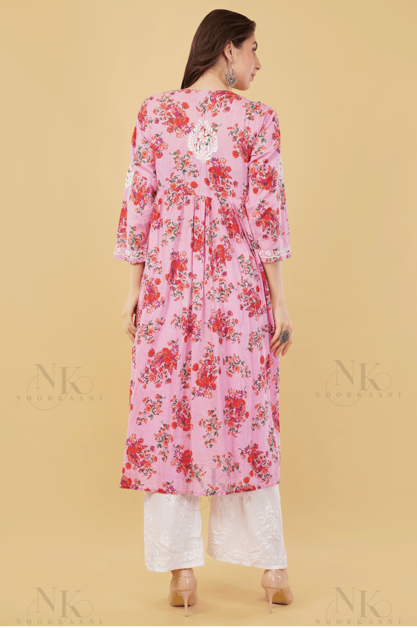 Noorkasni Hand Embroidered Aline printed cotton mulmul Kurti - NoorKasni Collections