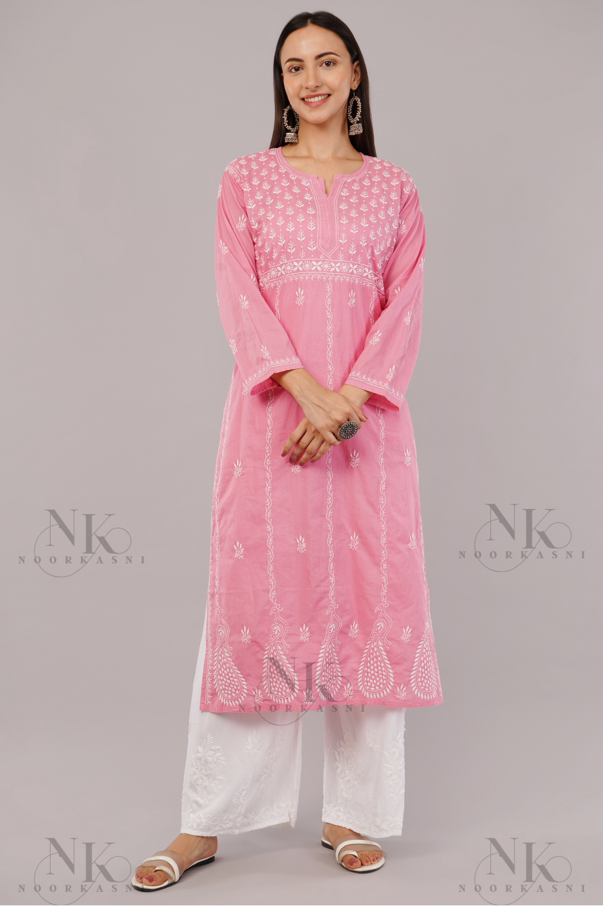 Exclusive Cotton Kurti with White Single thread chikankari work, Long Sleeves, Traditional Indian Style