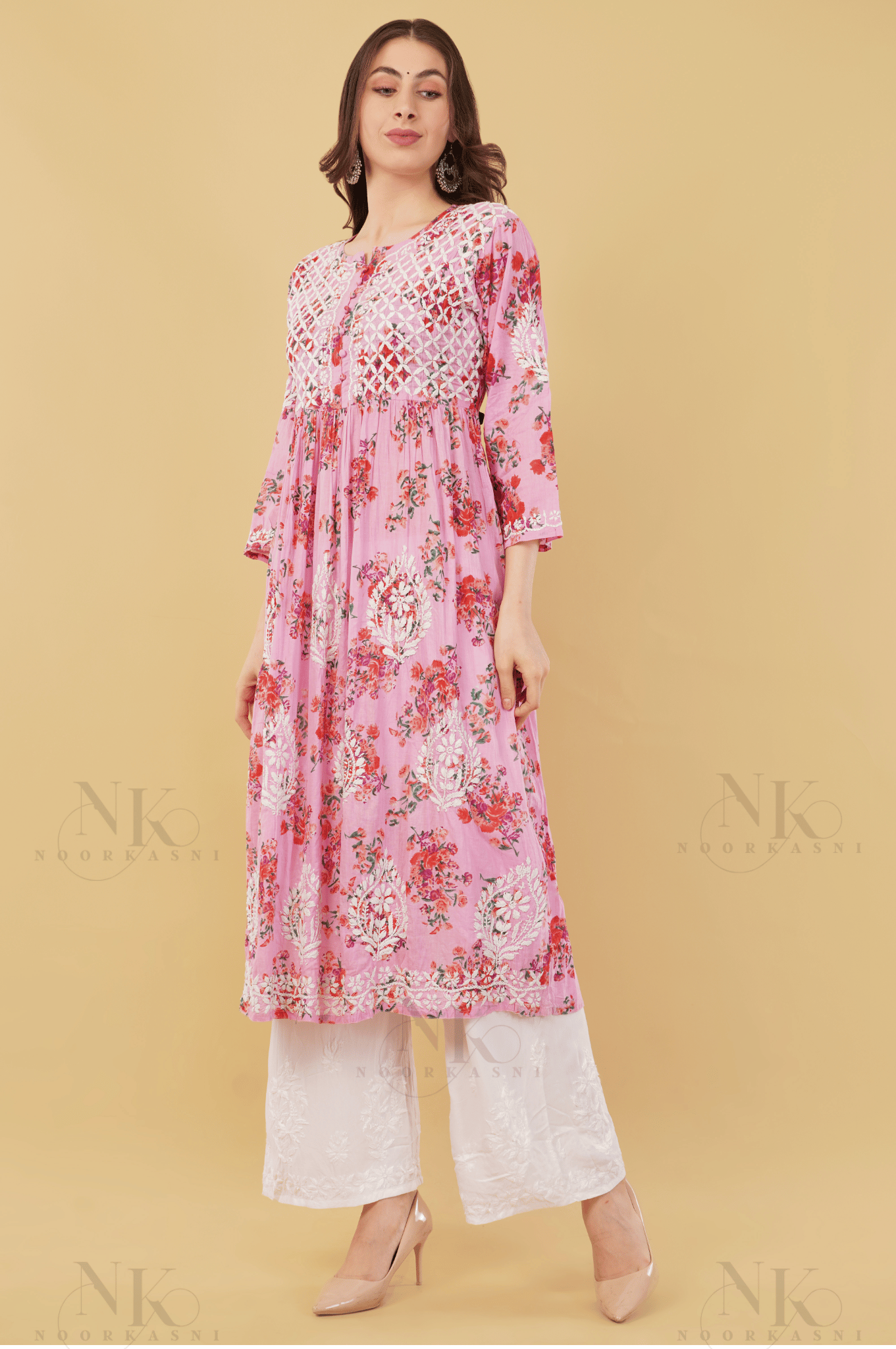 Noorkasni Hand Embroidered Aline printed cotton mulmul Kurti - NoorKasni Collections