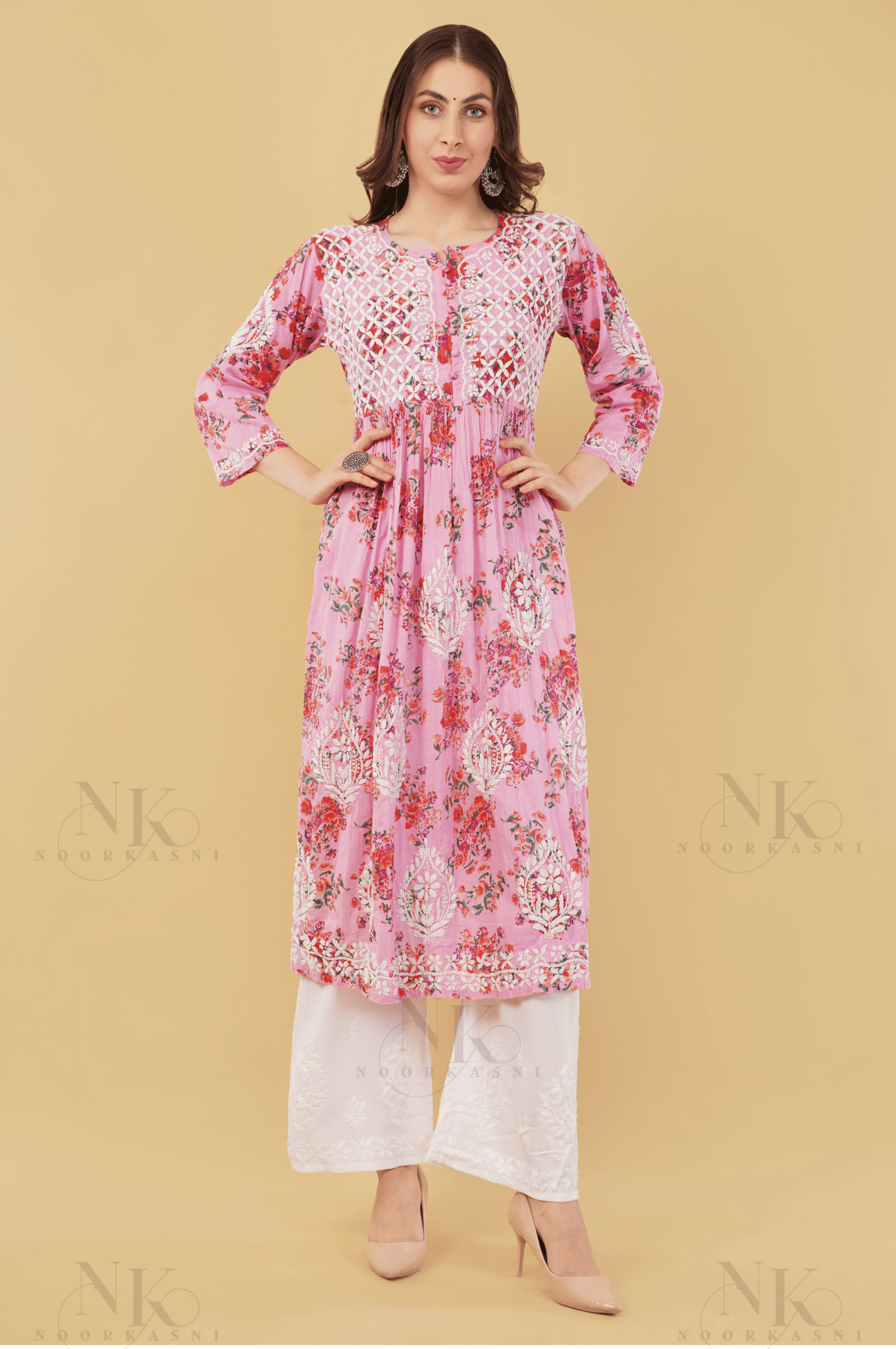 Noorkasni Hand Embroidered Aline printed cotton mulmul Kurti - NoorKasni Collections