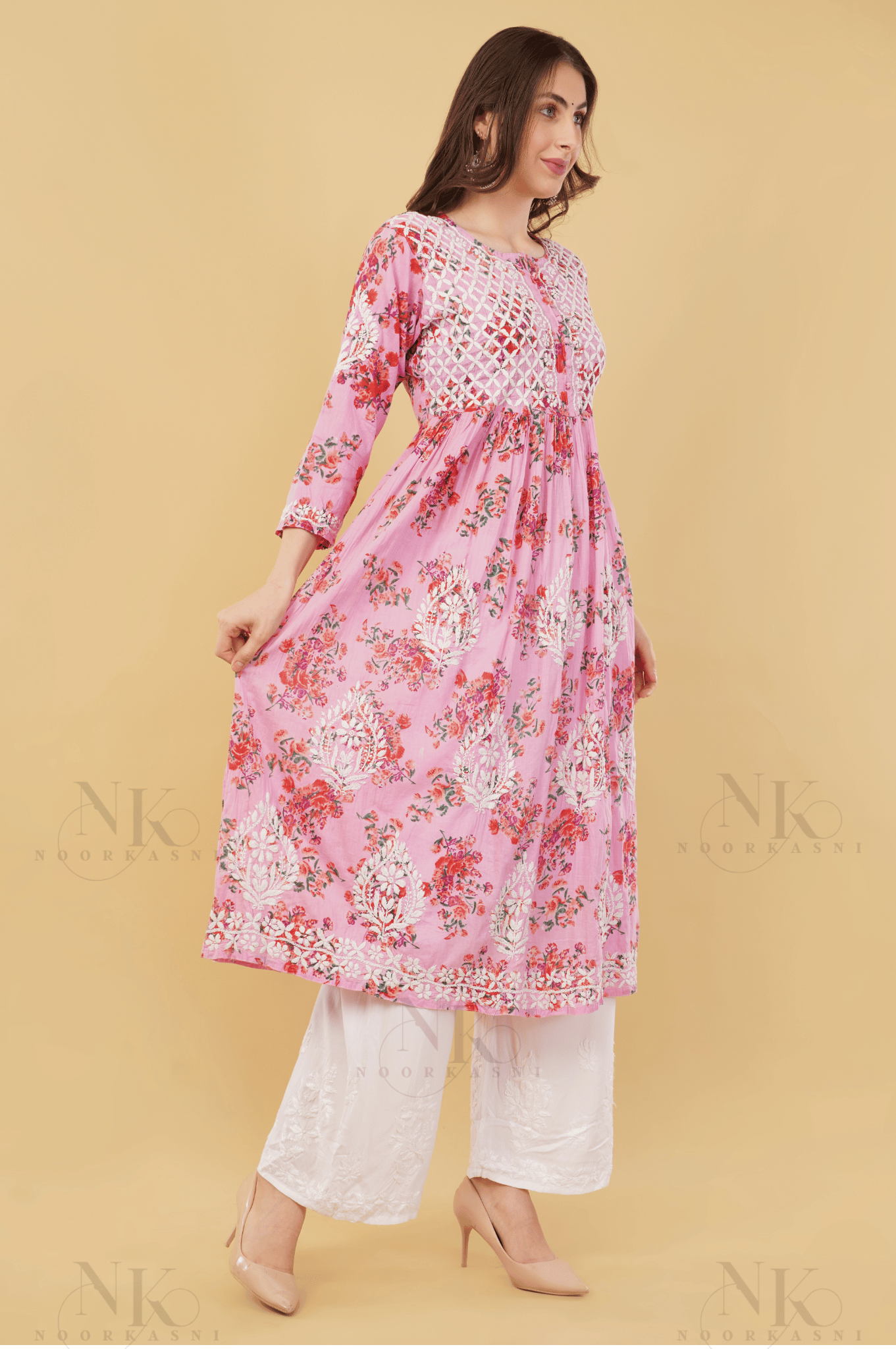 Noorkasni Hand Embroidered Aline printed cotton mulmul Kurti - NoorKasni Collections