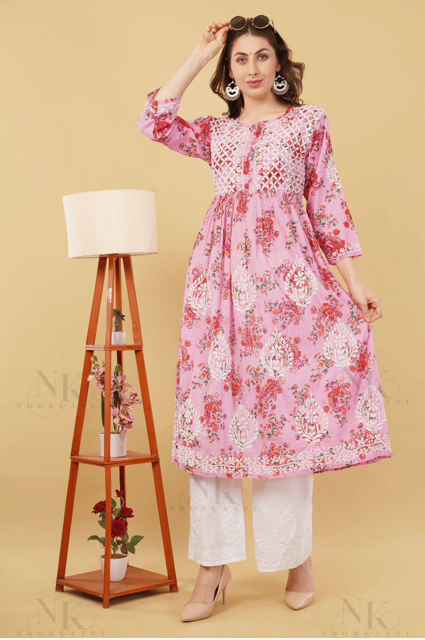 Noorkasni Hand Embroidered Aline printed cotton mulmul Kurti - NoorKasni Collections