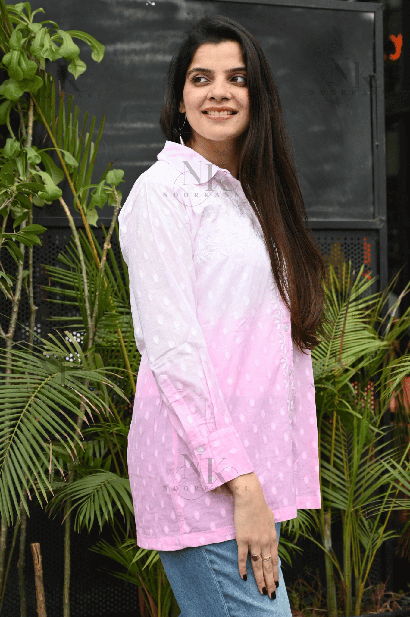 Noorkasni Dobby Cotton Shirt with Ombre pattern with Hand Embroidery - NoorKasni Collections