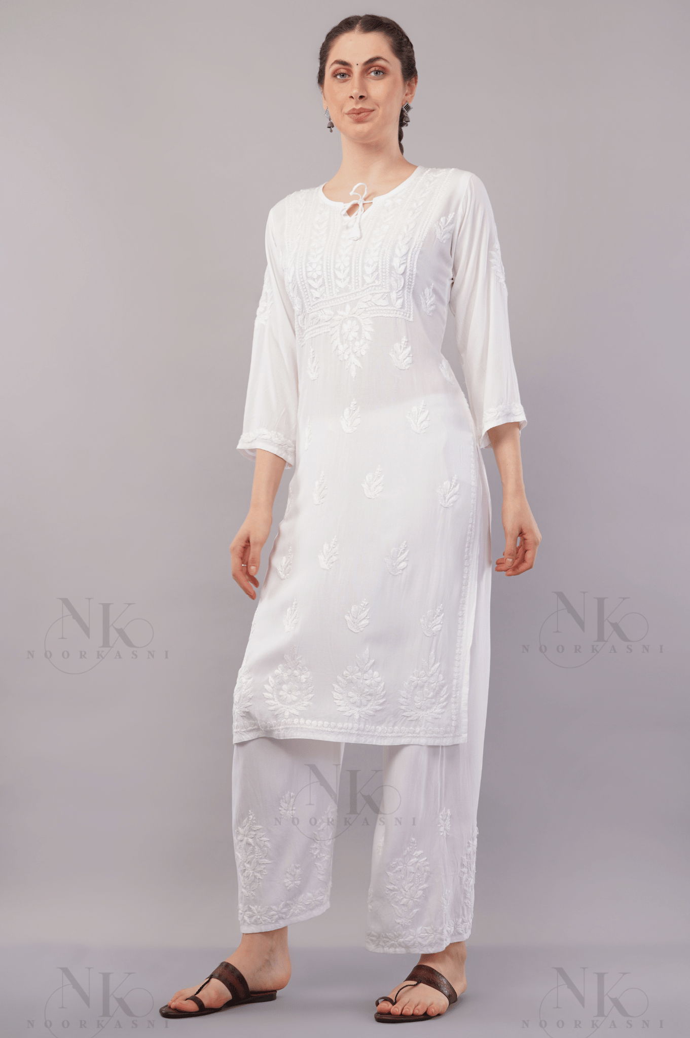 NoorKasni Hand Embroidered Rayon Lucknowi Chikankari Straight Kurta - NoorKasni Collections