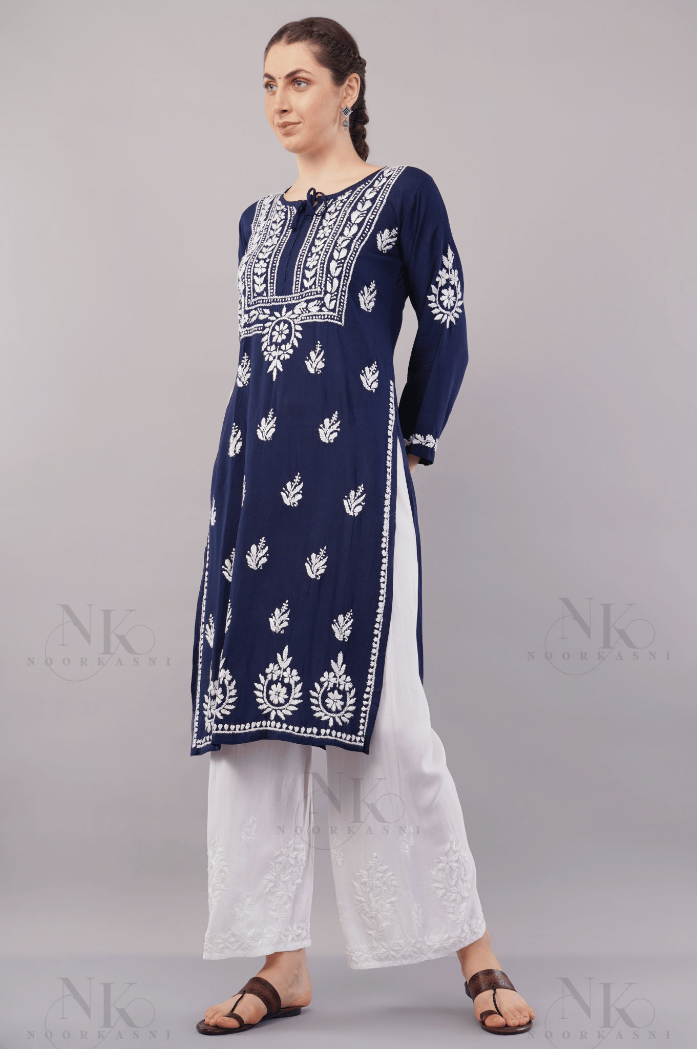 NoorKasni Hand Embroidered Rayon Lucknowi Chikankari Straight Kurta - NoorKasni Collections