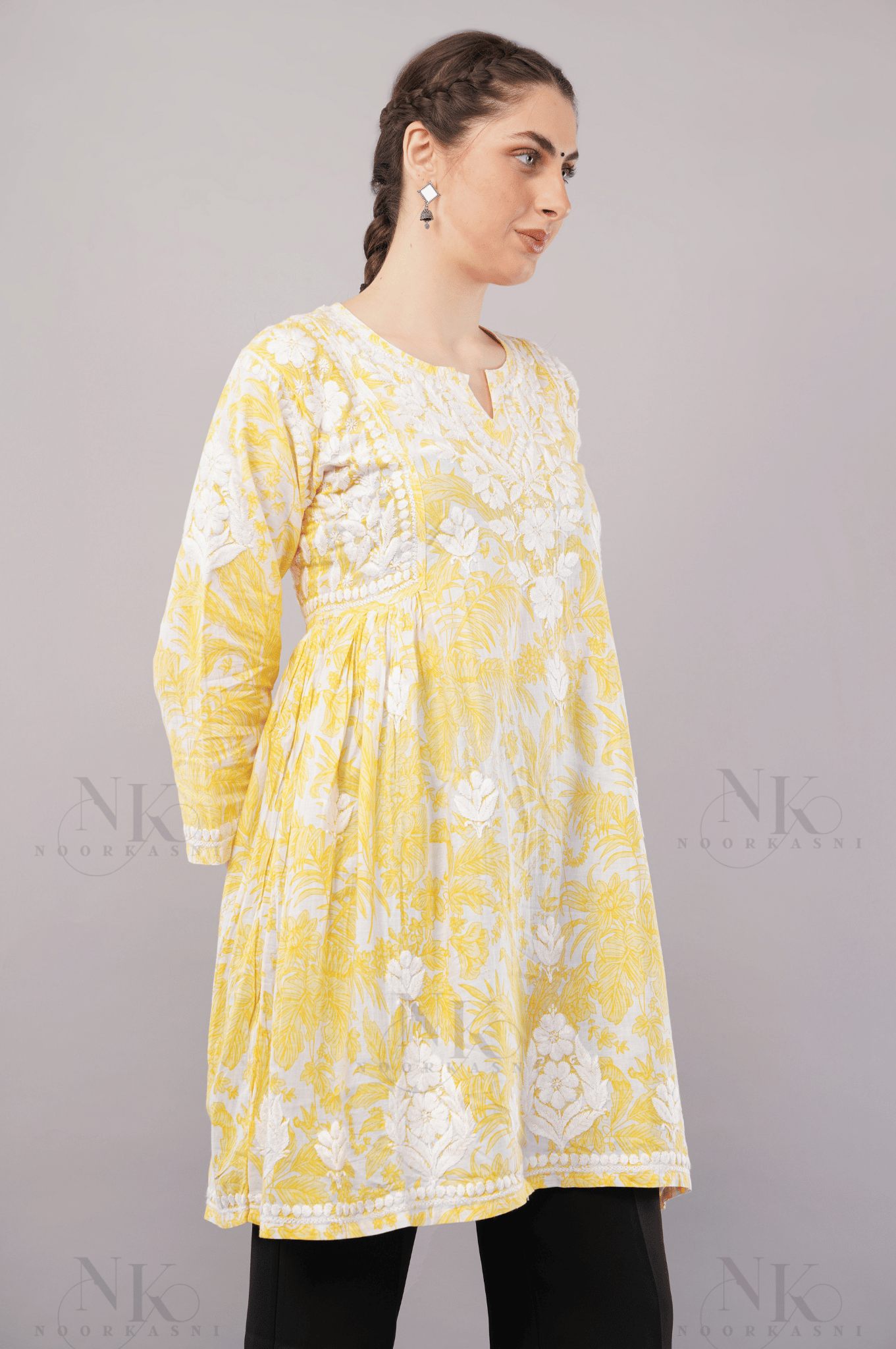 Noorkasni Hand Embroidered Frock style short pure cotton Kurti - NoorKasni Collections