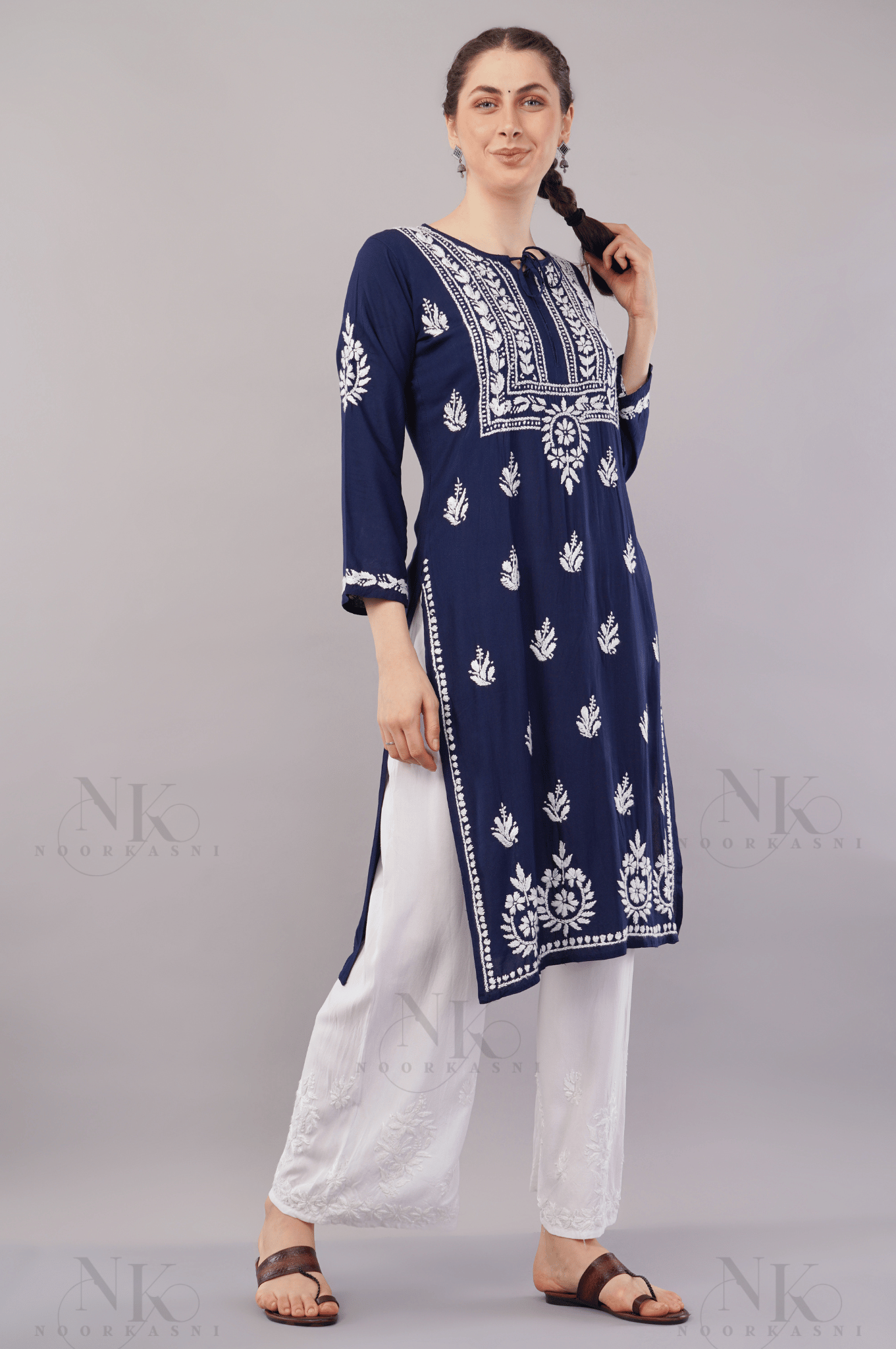 NoorKasni Hand Embroidered Rayon Lucknowi Chikankari Straight Kurta - NoorKasni Collections