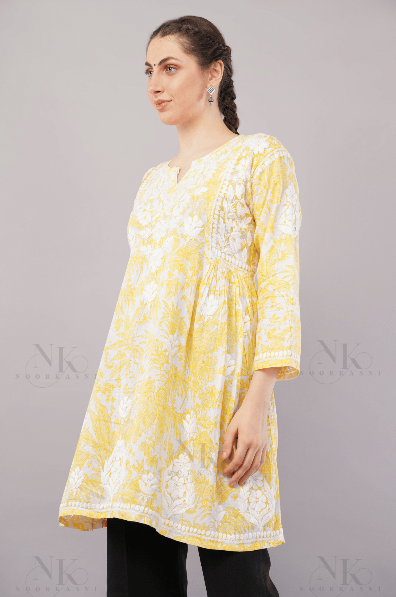 Noorkasni Hand Embroidered Frock style short pure cotton Kurti - NoorKasni Collections