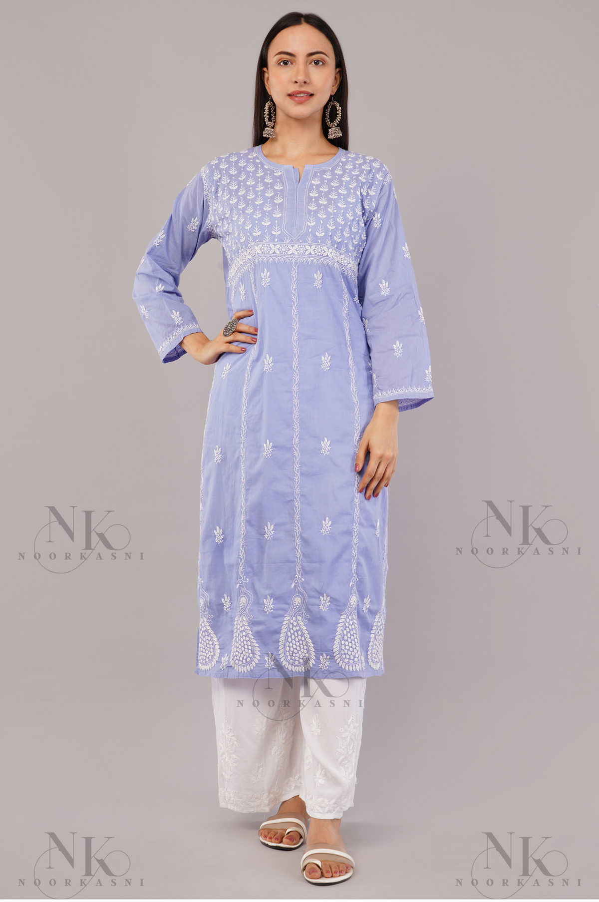Exclusive Cotton Kurti with White Single thread chikankari work, Long Sleeves, Traditional Indian Style
