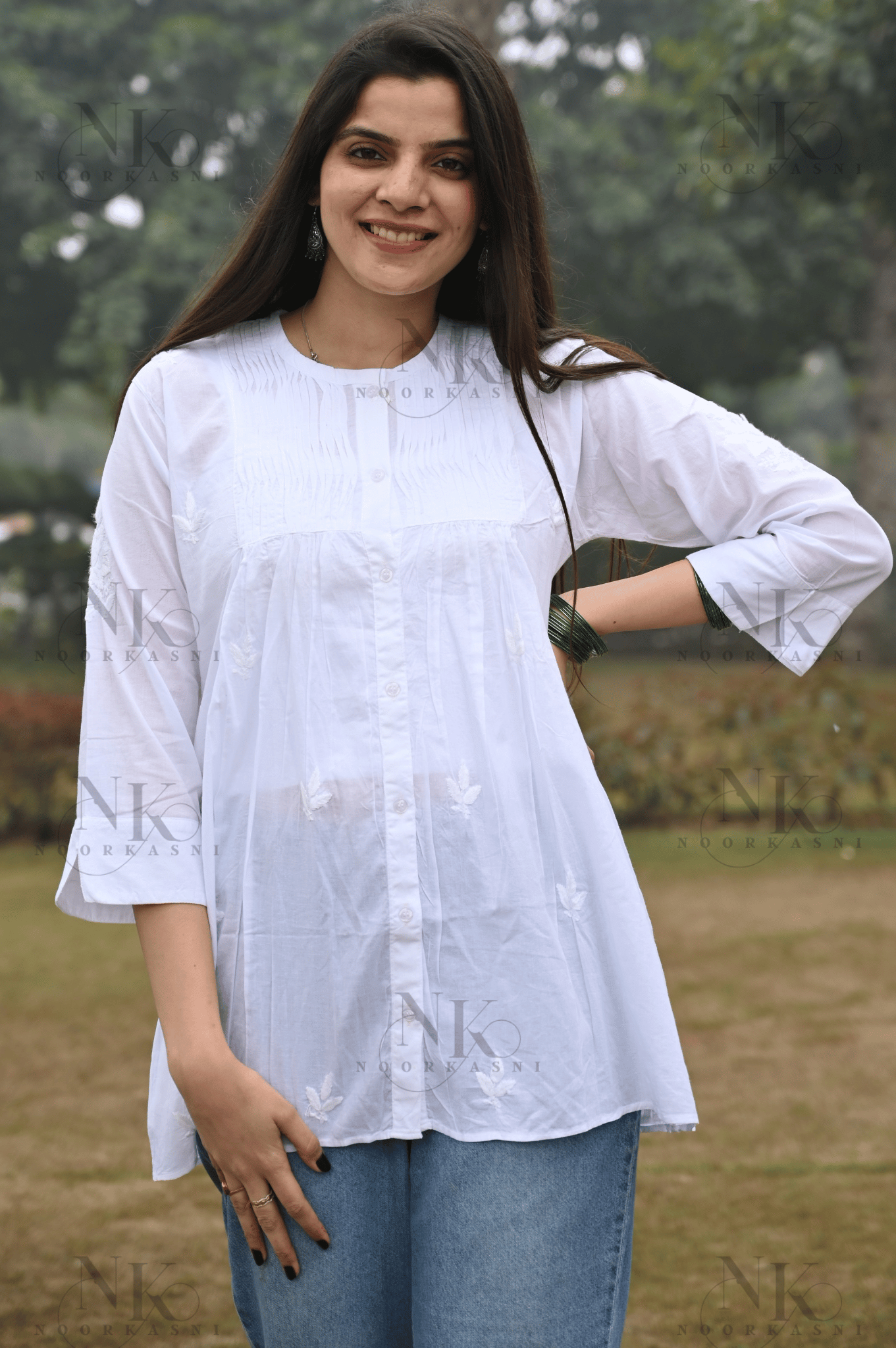 Noorkasni pure cotton White Shirt with tone to tone Hand Embroidery - NoorKasni Collections