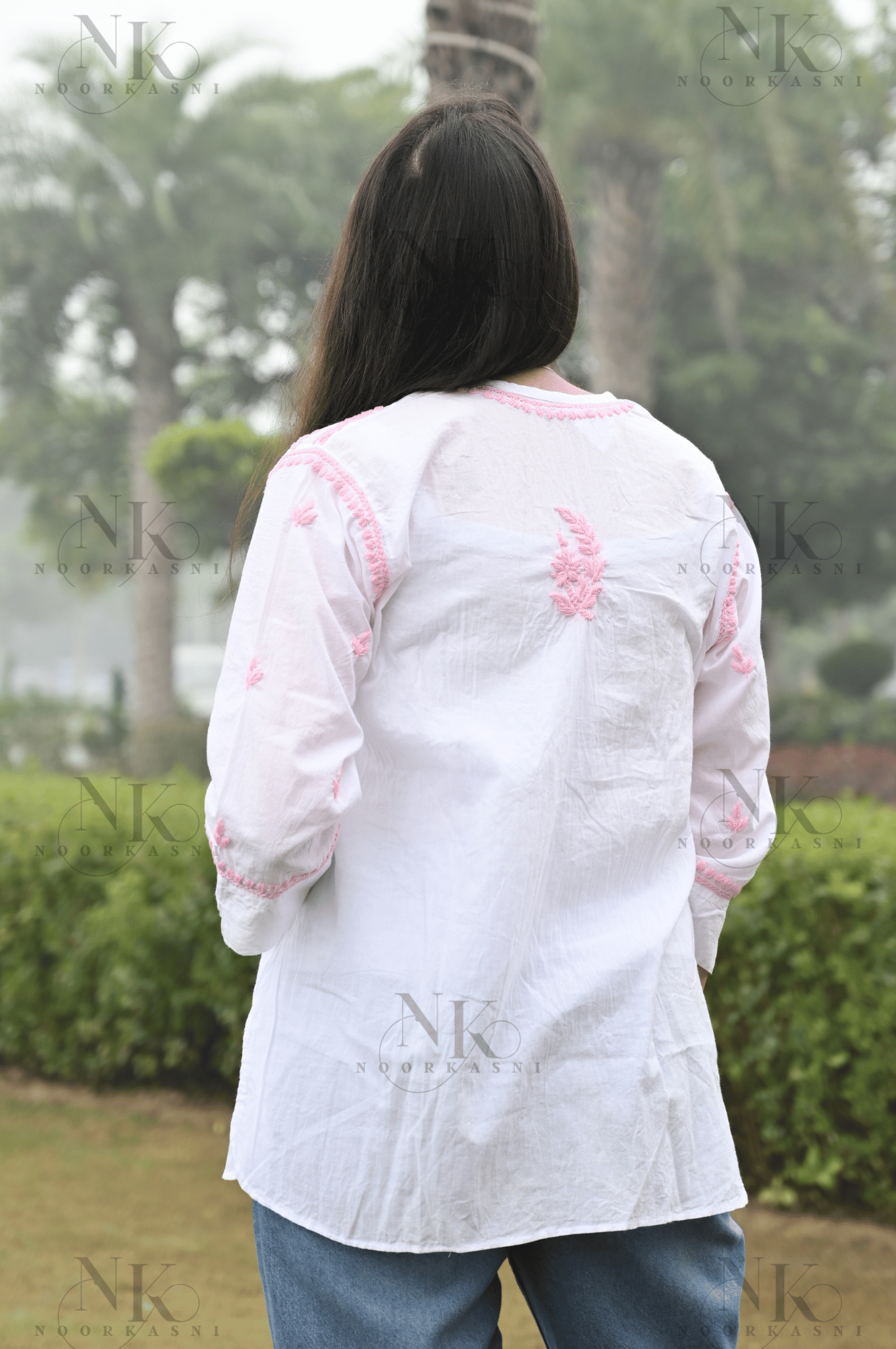 Noorkasni pure cotton White Shirt with Pink Hand Embroidery - NoorKasni Collections