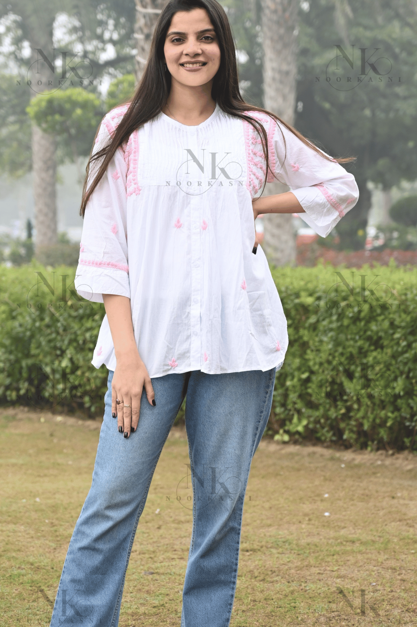 Noorkasni pure cotton White Shirt with Pink Hand Embroidery - NoorKasni Collections