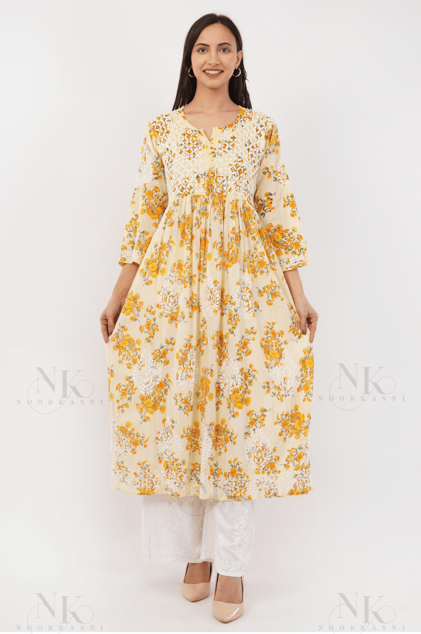 Noorkasni Hand Embroidered Aline printed cotton mulmul Kurti - NoorKasni Collections