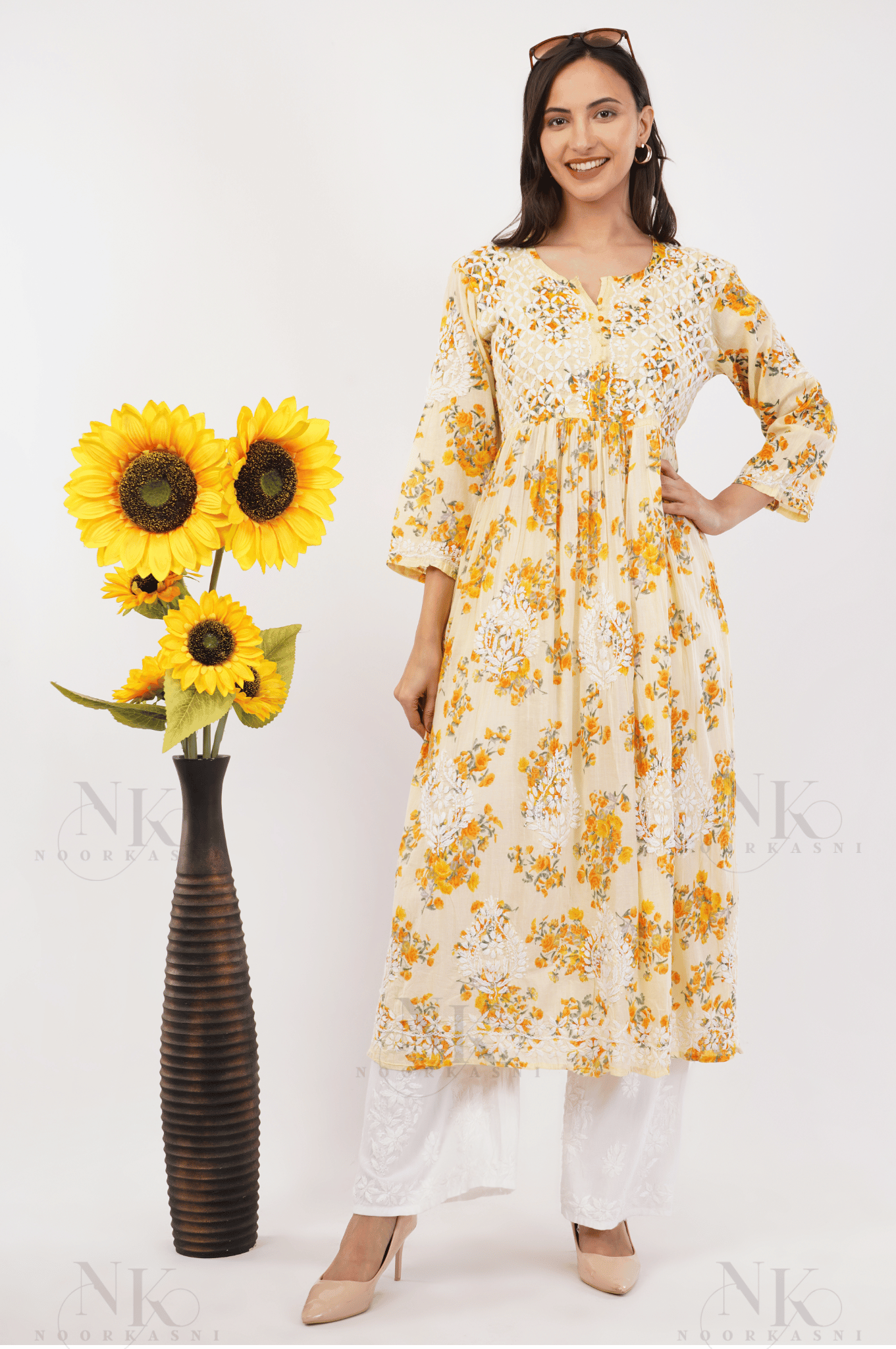 Noorkasni Hand Embroidered Aline printed cotton mulmul Kurti - NoorKasni Collections