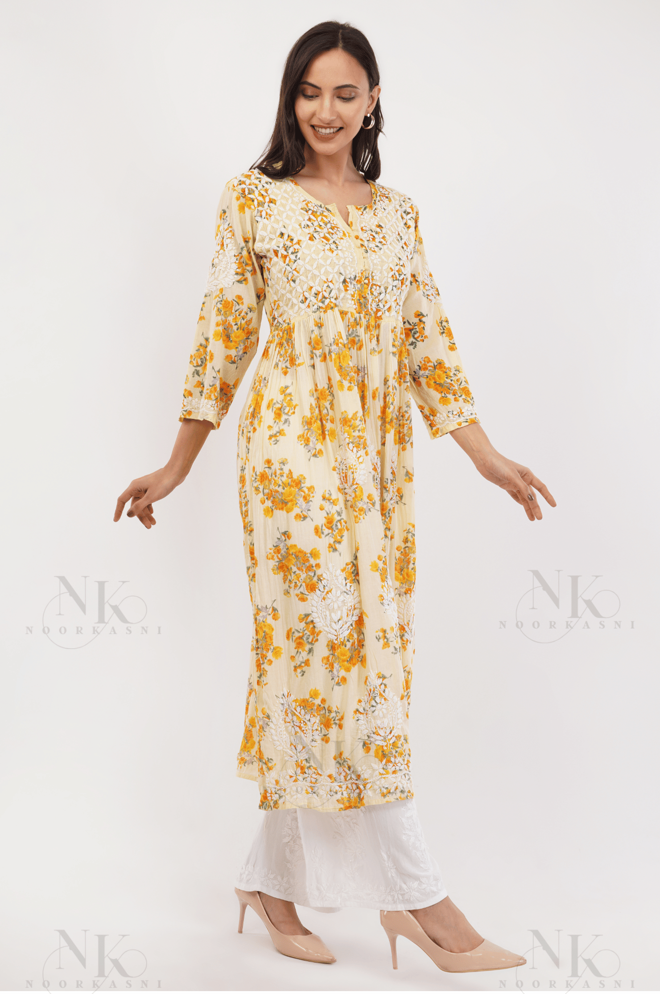 Noorkasni Hand Embroidered Aline printed cotton mulmul Kurti - NoorKasni Collections