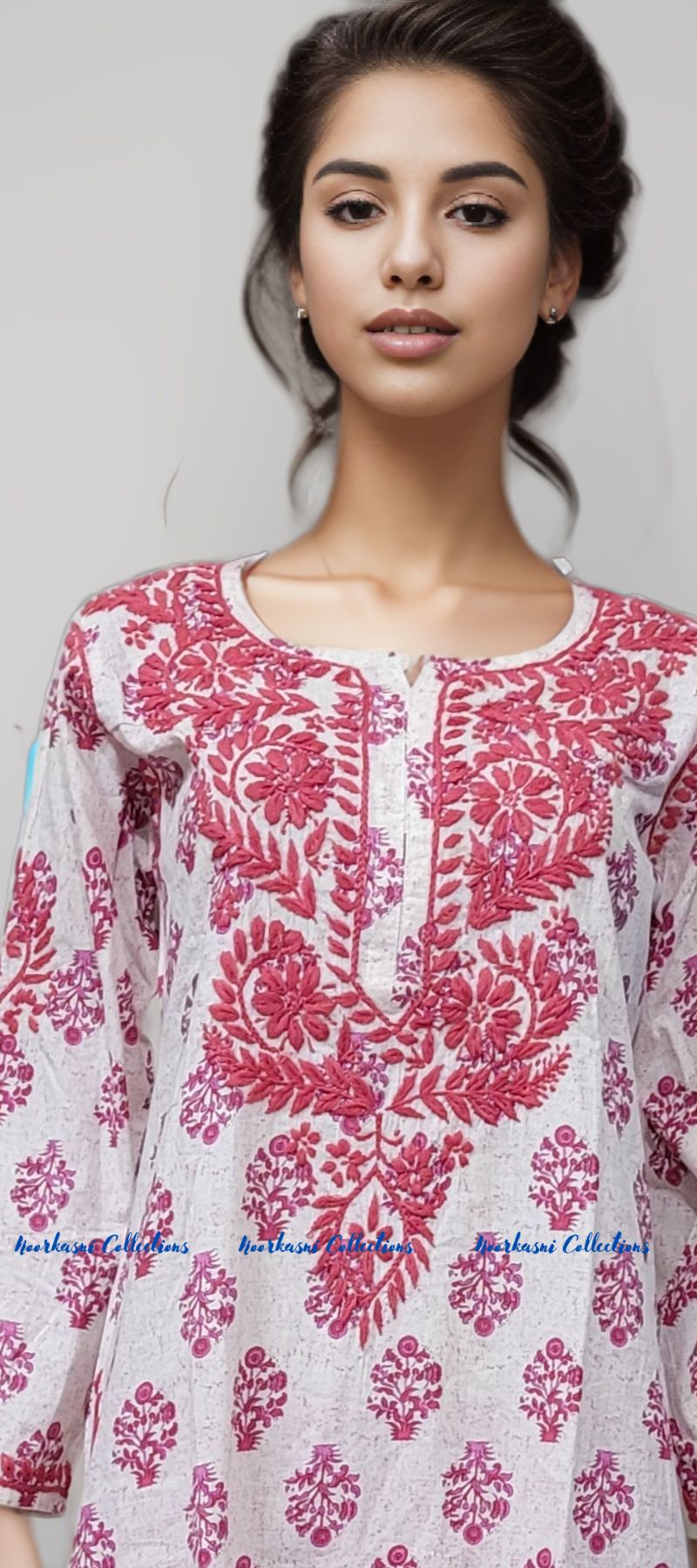 Chikankari Kurti with Embroidery Detail on Printed Cotton