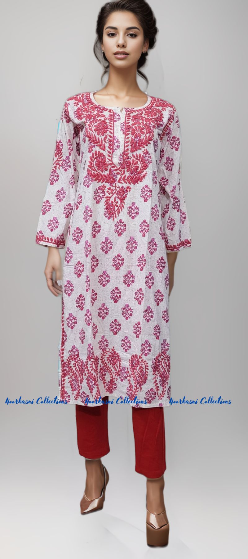 Chikankari Kurti with Embroidery Detail on Printed Cotton