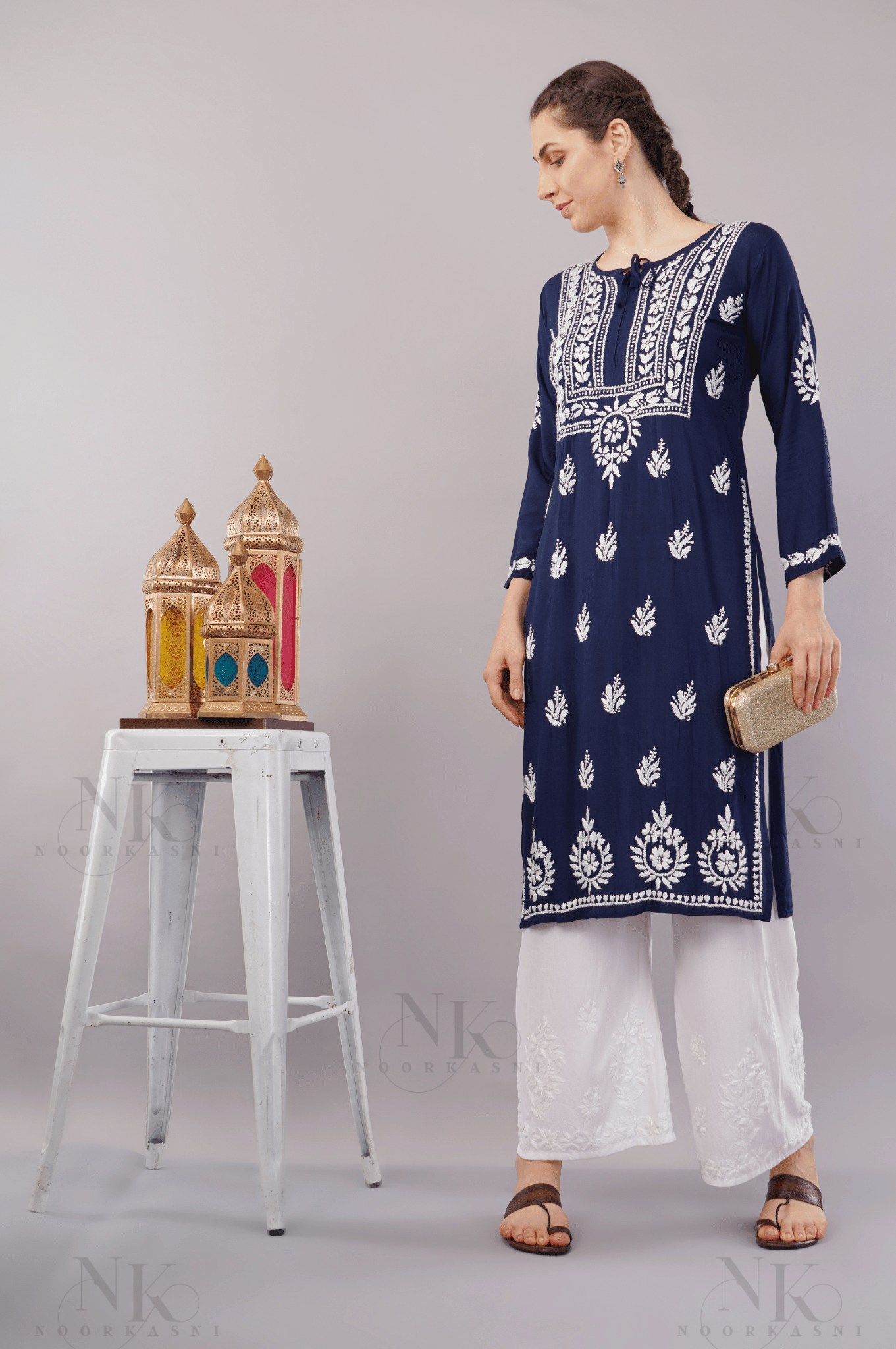 NoorKasni Hand Embroidered Rayon Lucknowi Chikankari Straight Kurta - NoorKasni Collections